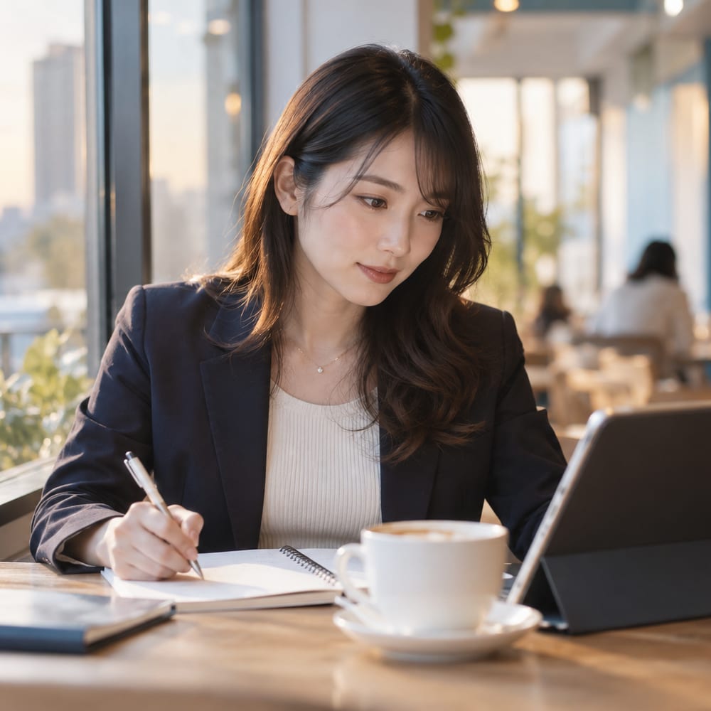 カフェでタブレットを見ながらノートにメモを取る女性