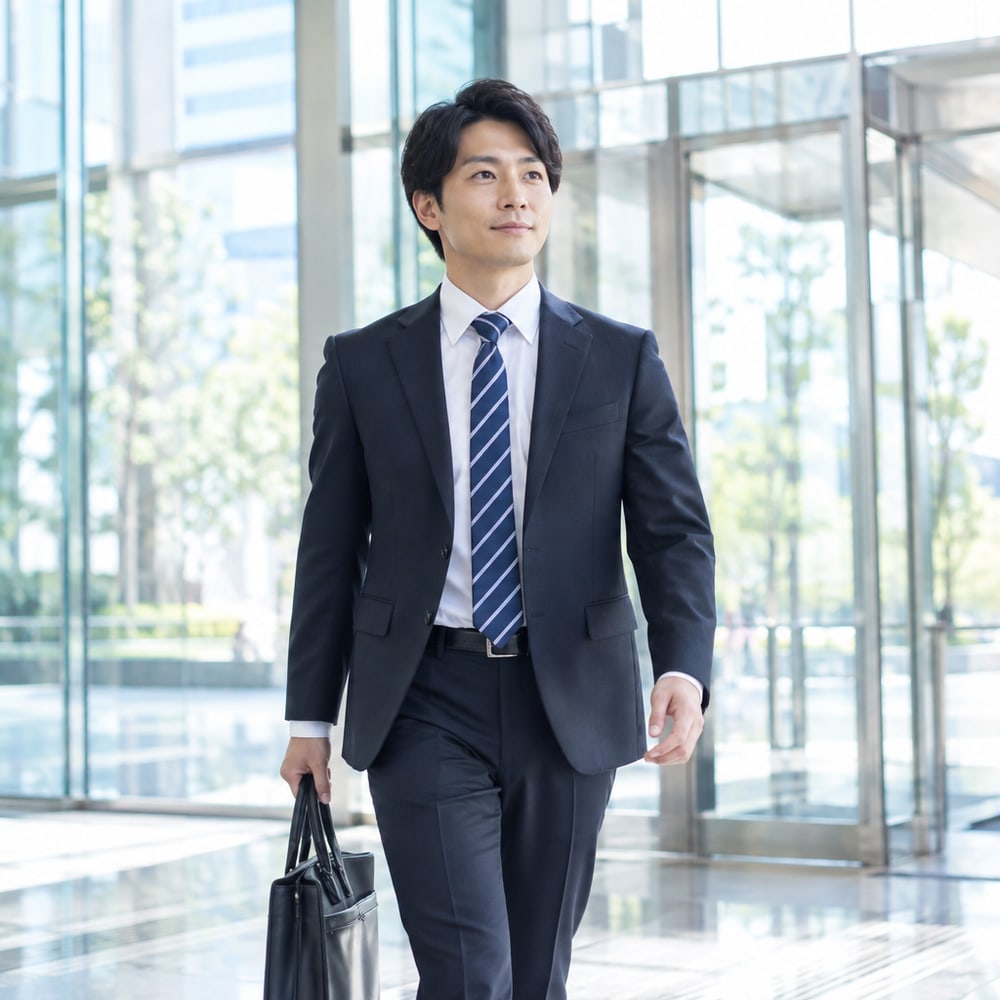 オフィスのエントランスを前向きに歩き出す会計士