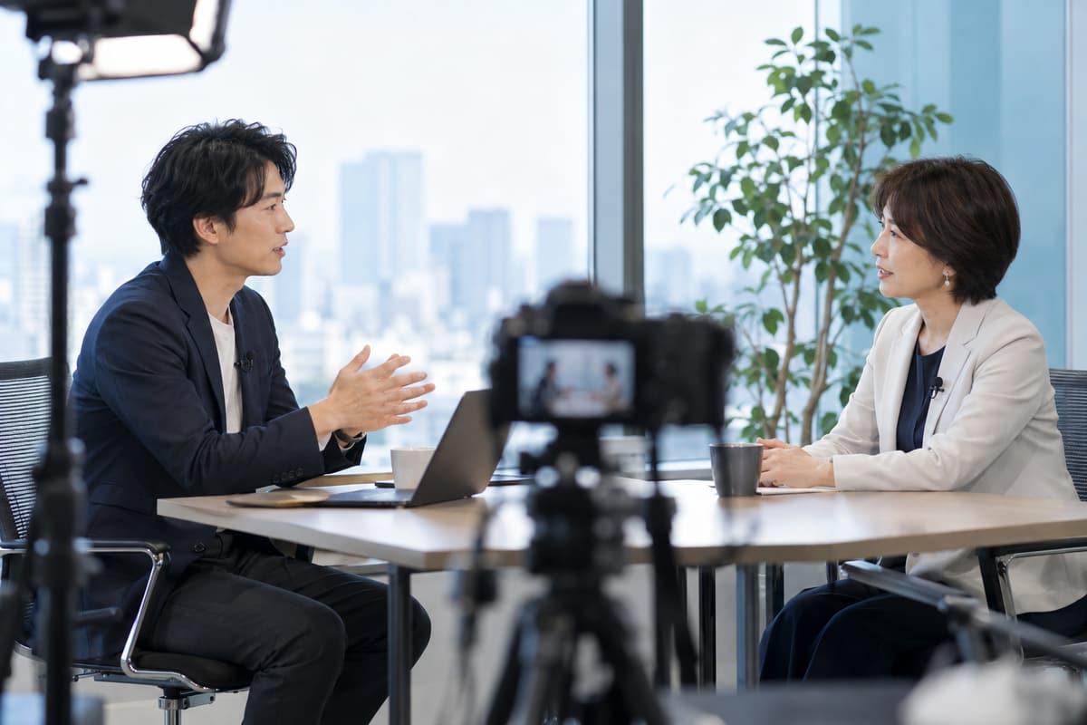 会計士へのインタビューを収録する様子