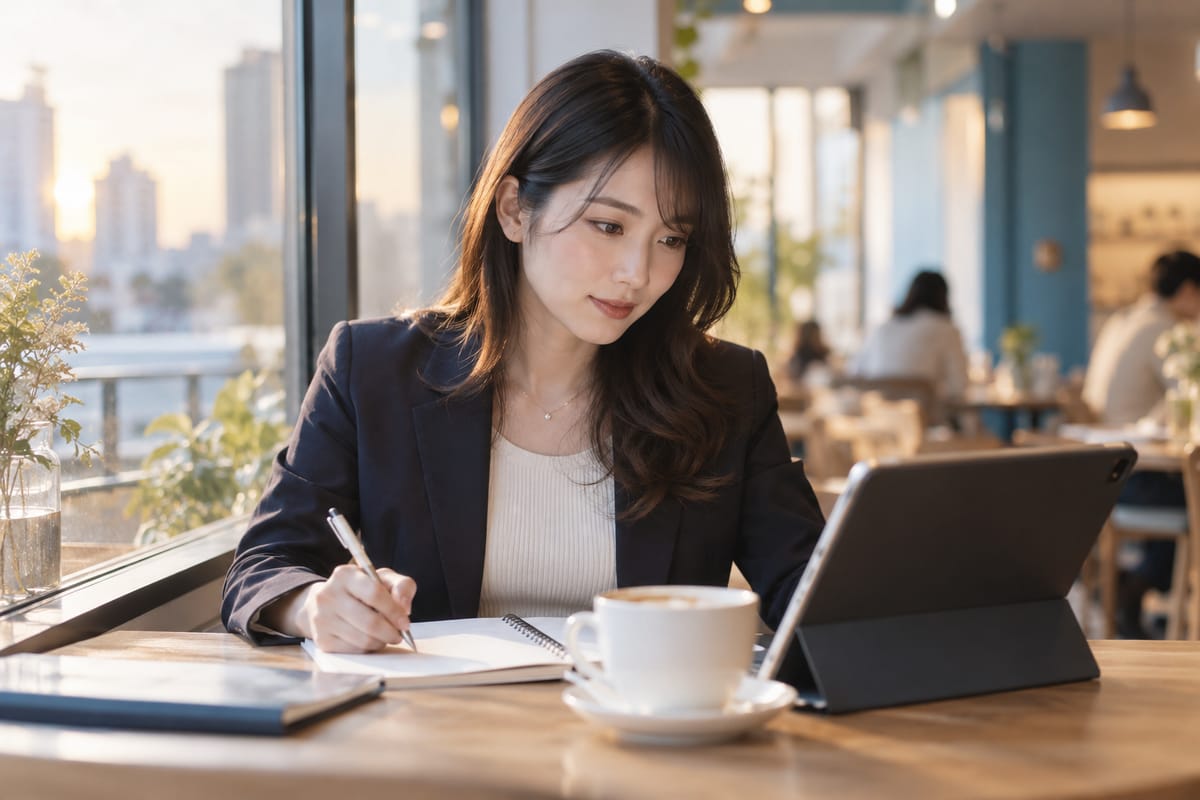 カフェでタブレットを見ながら情報収集をする会計士